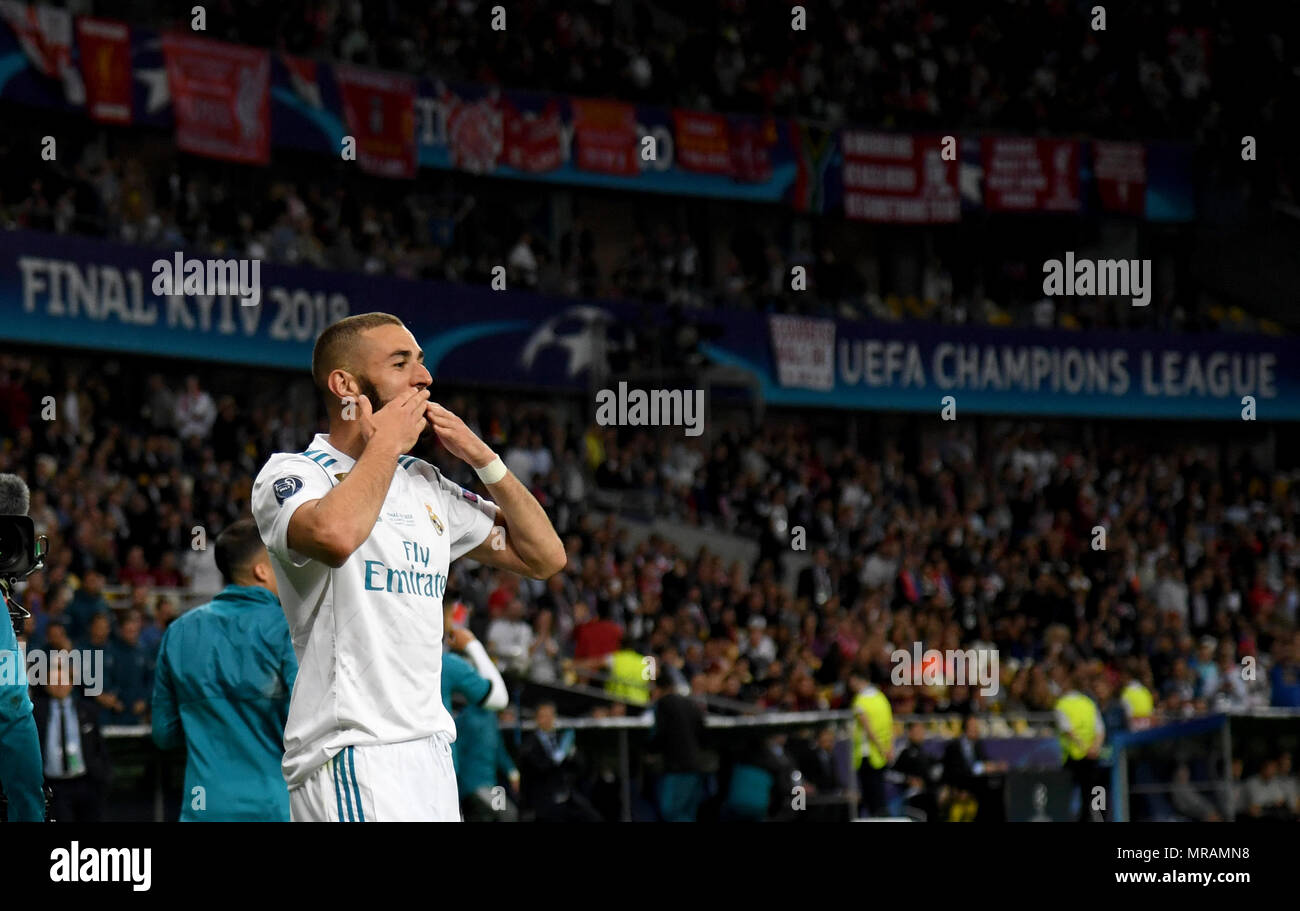 26 May 2018, Ukraine, Kiev: soccer, Champions League, Real Madrid vs FC Liverpool, finals at the Olimpiyskiy National Sports Complex. Madrid's Karim Benzema celebrates his 1-0 goal. Photo: Ina Fassbender/dpa Credit: dpa picture alliance/Alamy Live News Stock Photo