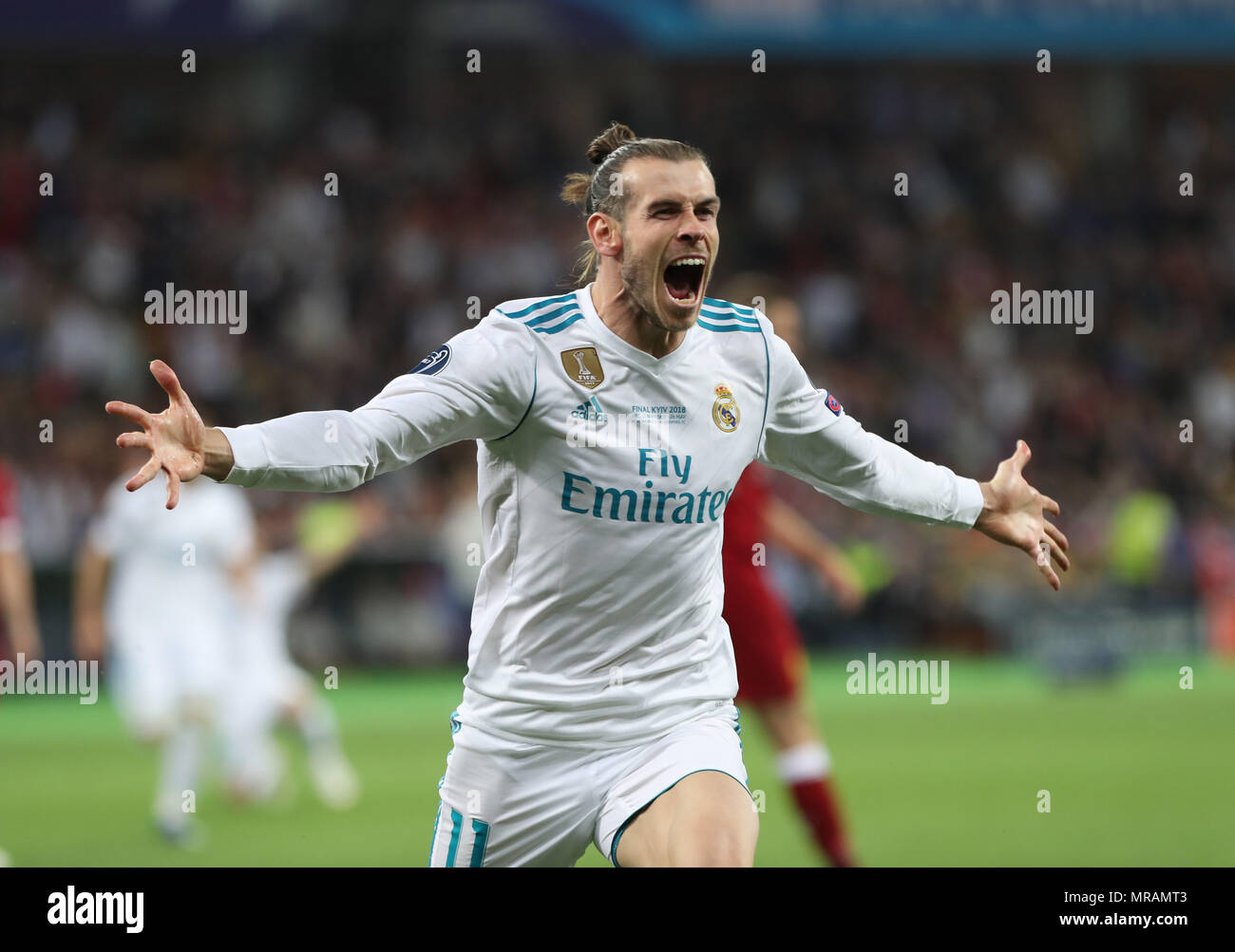 Kiev, Ukraine. 22nd Mar, 2018. Real Madrid's GARETH BALE reacts after scoring a goal during the UEFA Champions League final soccer match Real Madrid vs Liverpool FC, at the NSC Olimpiyskiy stadium in Kiev on 26 May 2018. Credit: Serg Glovny/ZUMA Wire/Alamy Live News Stock Photo