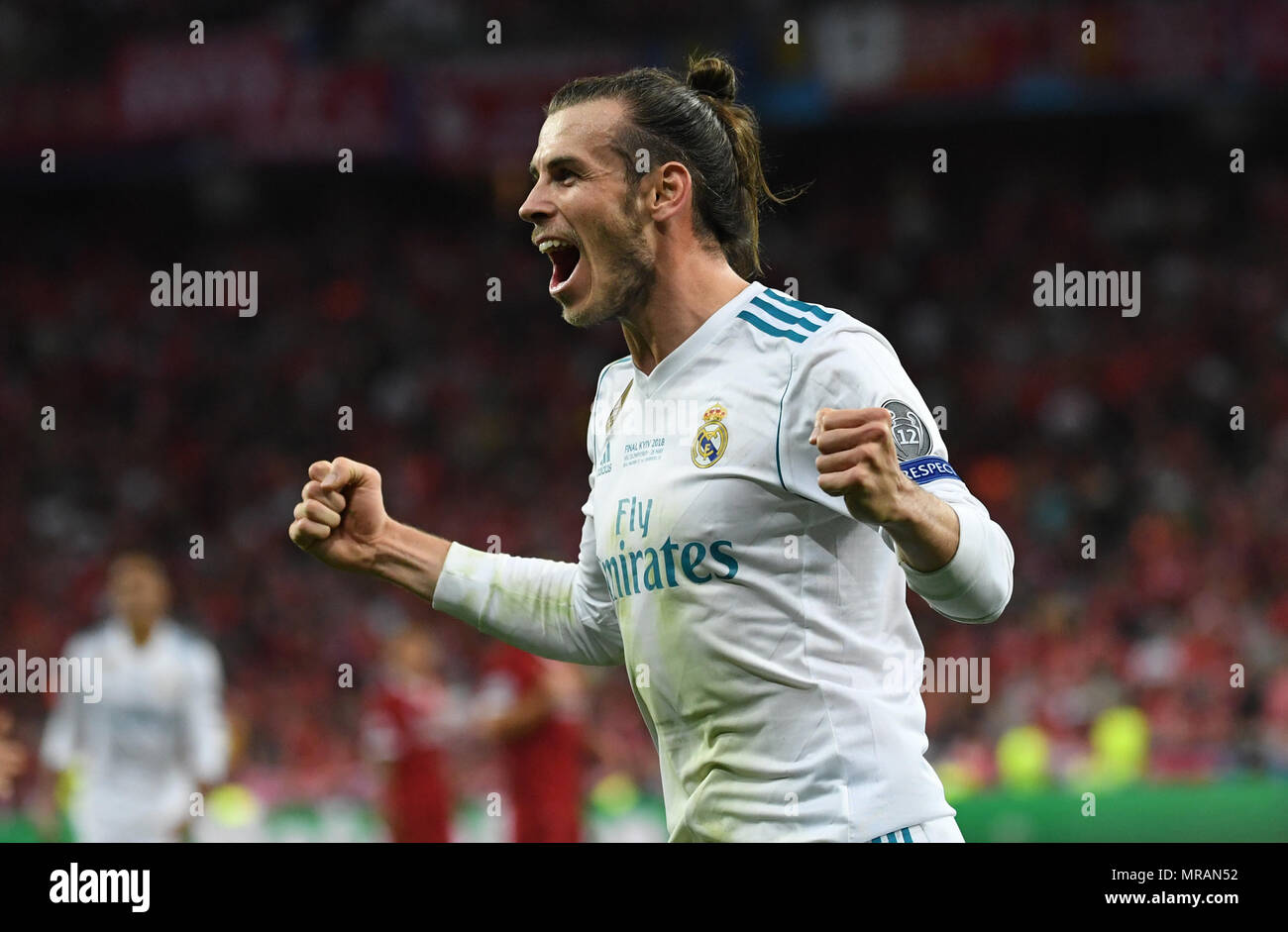 26 May 2018, Ukraine, Kiev: soccer, Champions League, Real Madrid vs FC Liverpool, finals at the Olimpiyskiy National Sports Complex. Madrid's Gareth Bale celebrates his 3-1 goal. Photo: Ina Fassbender/dpa Credit: dpa picture alliance/Alamy Live News Stock Photo