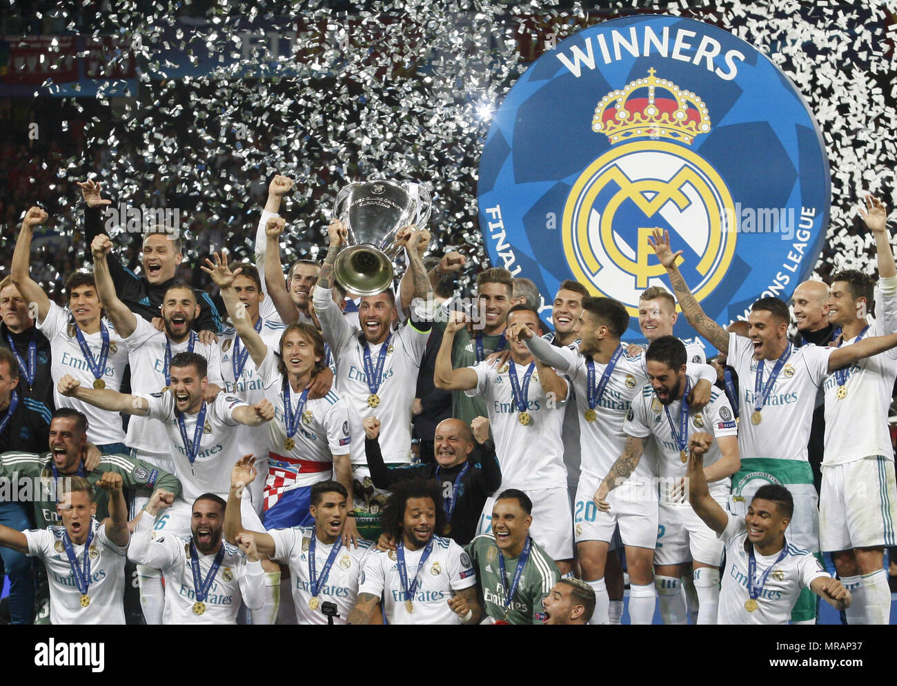 Kiev, Ukraine. 26th May, 2018. Real Madrid players celebrate with the trophy after winning the UEFA Champions League final soccer match Real Madrid vs Liverpool FC, at the NSC Olimpiyskiy stadium in Kiev on 26 May 2018. Credit: Serg Glovny/ZUMA Wire/Alamy Live News Stock Photo