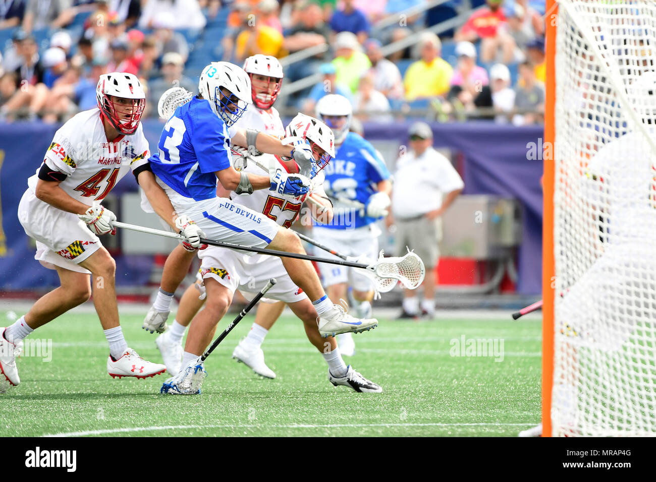 Foxborough, Mass. 26th May, 2018. Duke Blue Devils midfielder Sean Cerrone (13) loses his stick attacking the net during the NCAA Division I Lacrosse semi final between Duke and Maryland, held at Gillette Stadium, in Foxborough, Mass. Duke defeats Maryland 13-8. Eric Canha/CSM/Alamy Live News Stock Photo