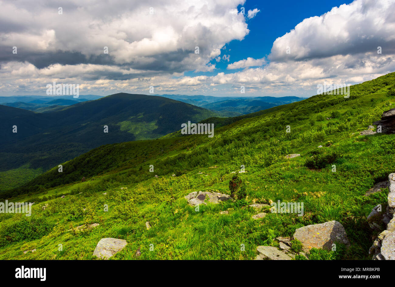 landscape of Runa mountain with boulders on hills. gorgeous landscape of amazing Carpathian mountains on a summer day with cloudy sky Stock Photo