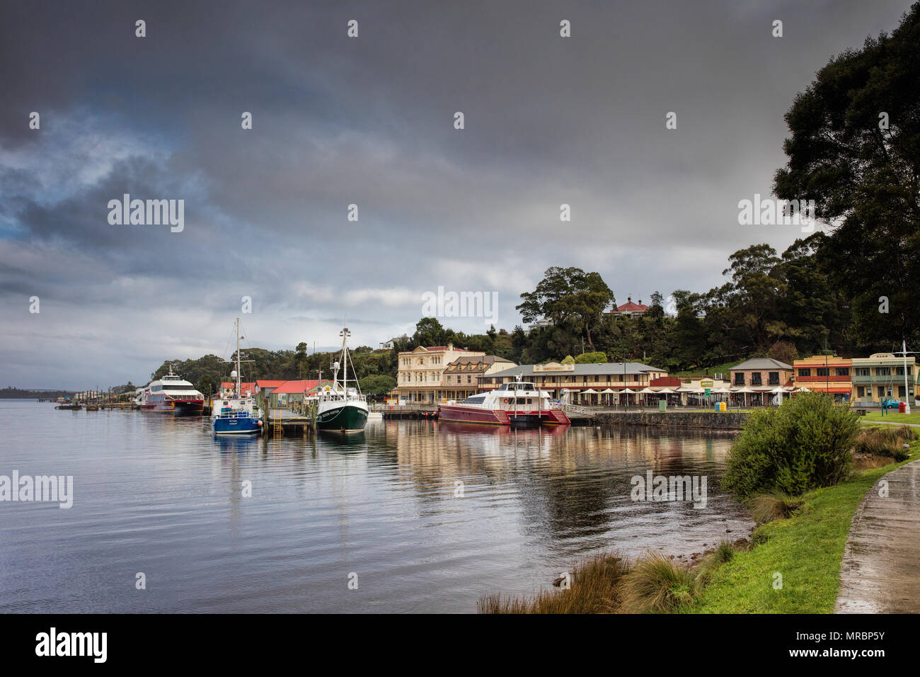 Strahan, a small coastal town and popular tourist destination on the west coast of Tasmania Stock Photo