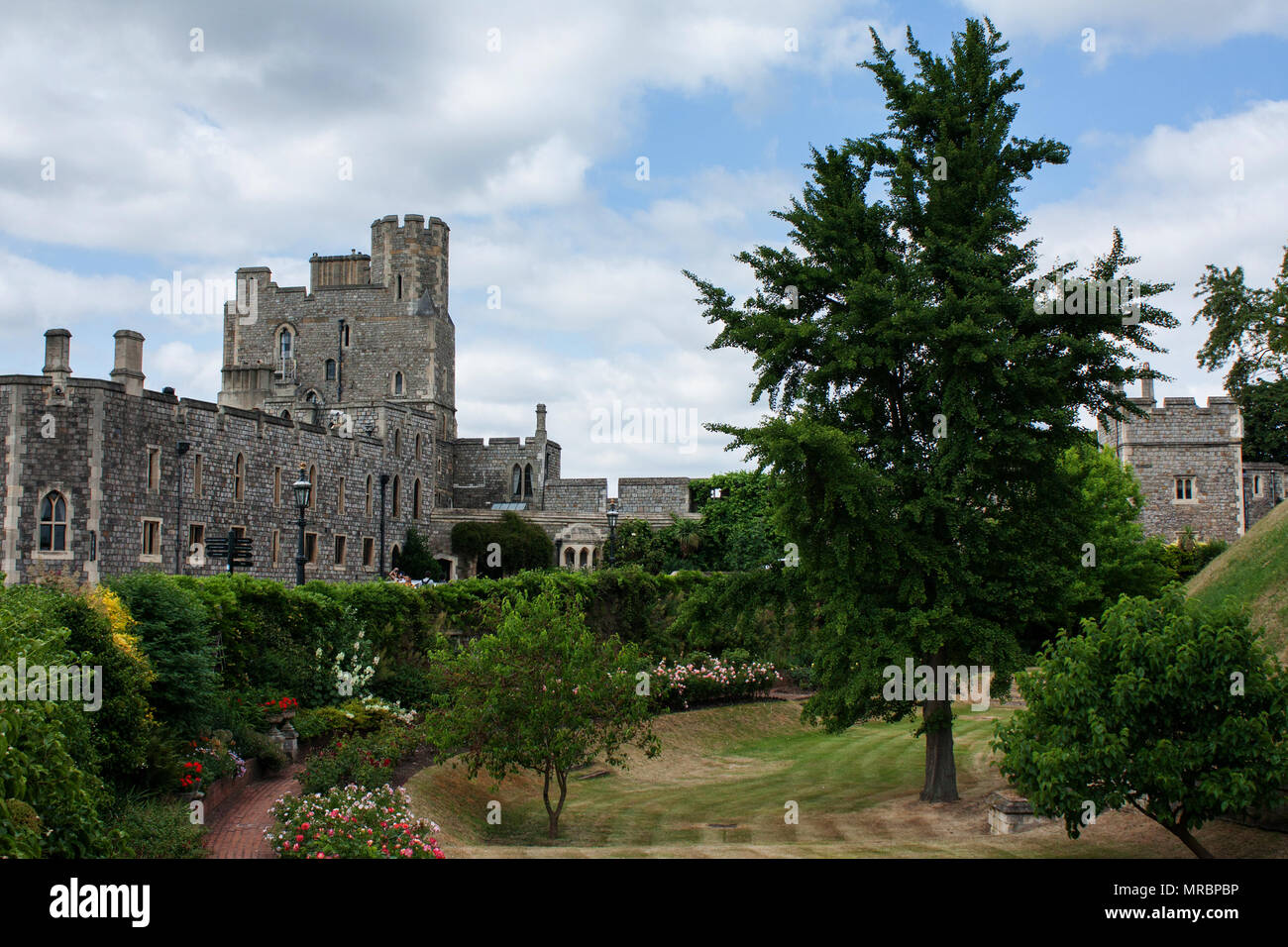 Inner garden surrounding the round tower in the middle ward of Windsor castle, residence of the british royal family in England, UK. Stock Photo