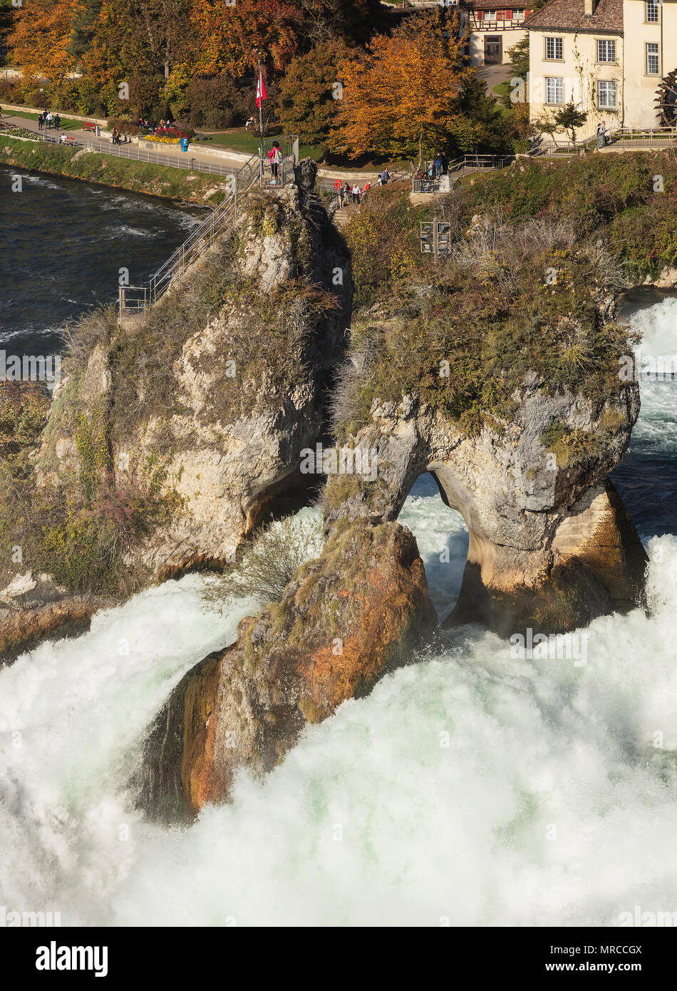 Laufen, Switzerland - 18 October, 2017: the Rhine Falls, view from the Laufen castle. The Rhine Falls is the largest waterfall in Europe, located on t Stock Photo