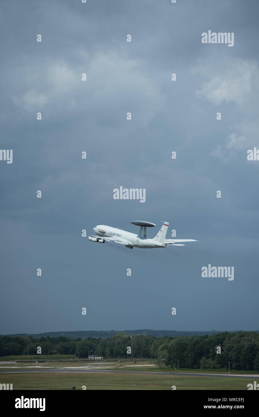 A U.S Air Force E-3 Sentry takes off June 7, 2017, at NATO Air Base Geilenkirchen, Germany in support of BALTOPS 2017. The aircraft and nearly 100 reservists from the 513th Air Control Group are deployed in support of the exercise, which is the first time a U.S. E-3 Sentry has supported a NATO exercise in 20 years. (U.S. Air Force photo/2nd Lt. Caleb Wanzer) Stock Photo