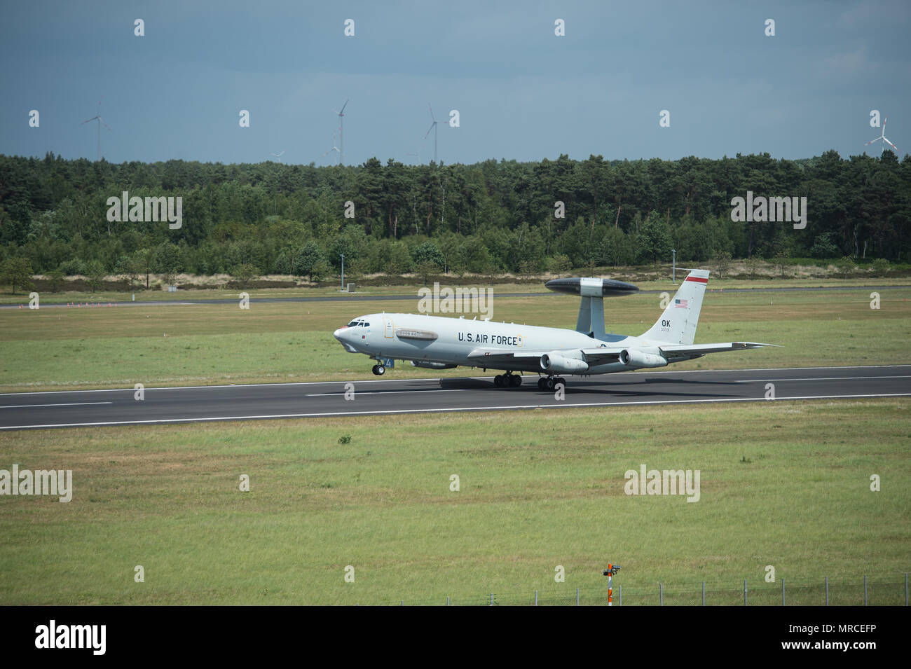 A U.S Air Force E-3 Sentry takes off June 7, 2017, at NATO Air Base Geilenkirchen, Germany in support of BALTOPS 2017. The aircraft and nearly 100 reservists from the 513th Air Control Group are deployed in support of the exercise, which is the first time a U.S. E-3 Sentry has supported a NATO exercise in 20 years. (U.S. Air Force photo/2nd Lt. Caleb Wanzer) Stock Photo