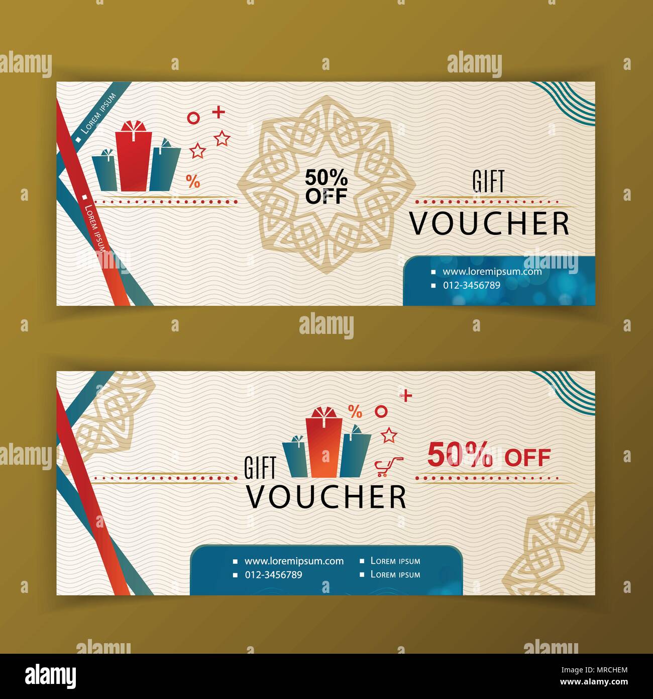 Vector gift voucher template. Universal flyer. Vinrage vector design, beige,red, turquoise design elements. Classical style design for department stor Stock Vector