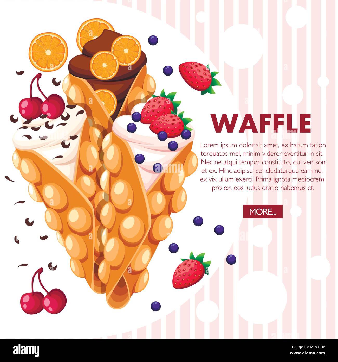 Hong Kong waffles. Waffle with strawberry, cherry and orange and whipped cream. Vector