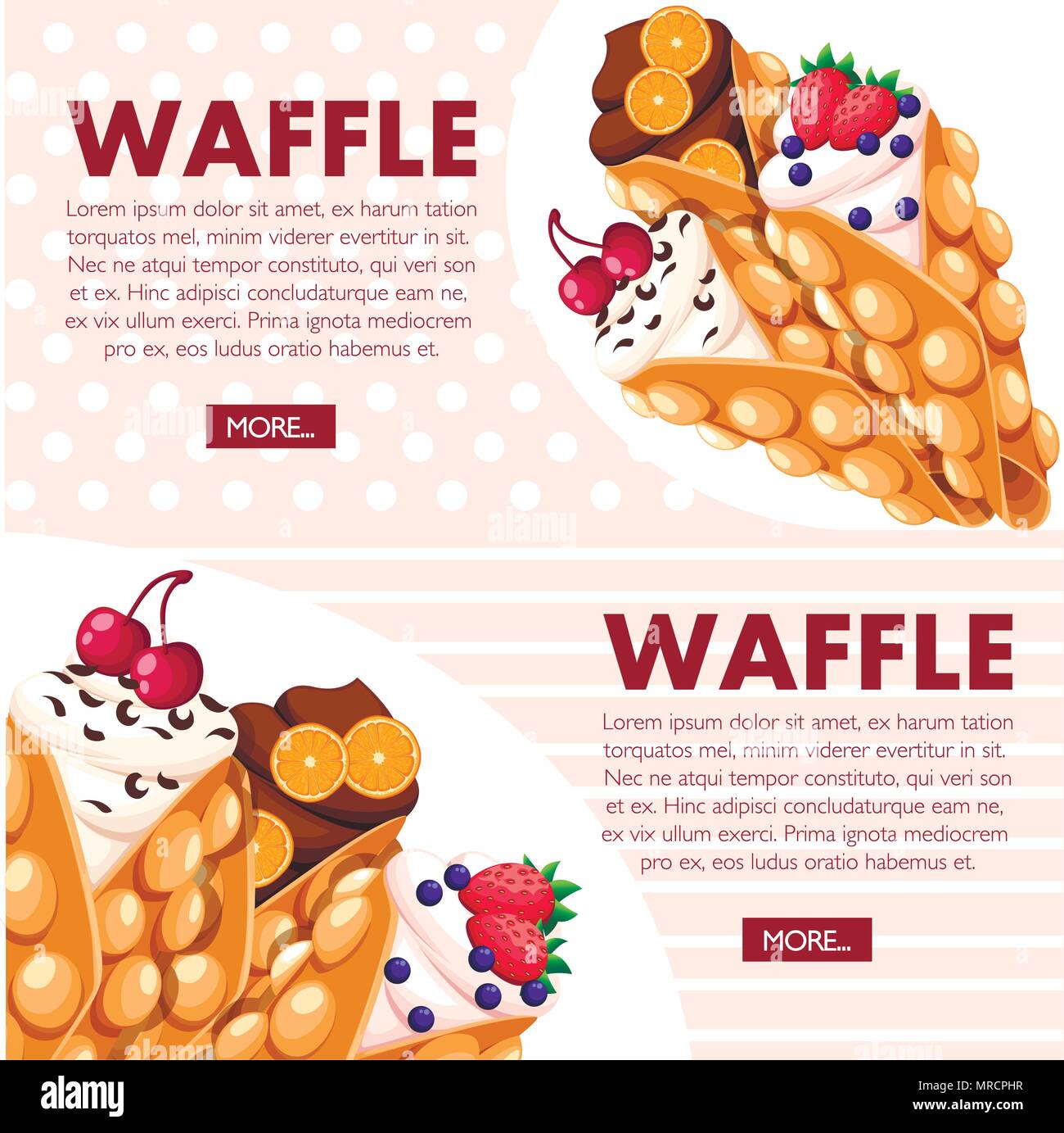 Hong Kong waffles. Waffle with strawberry, cherry and orange and whipped cream. Vector