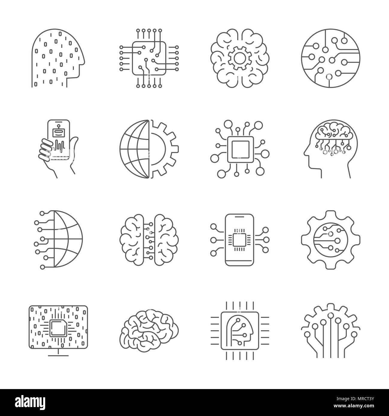 Artificial Intelligence. AI icon set. Simple pictograms pack. Stroke vector illustration on a white background. Modern outline style icons collection Stock Vector