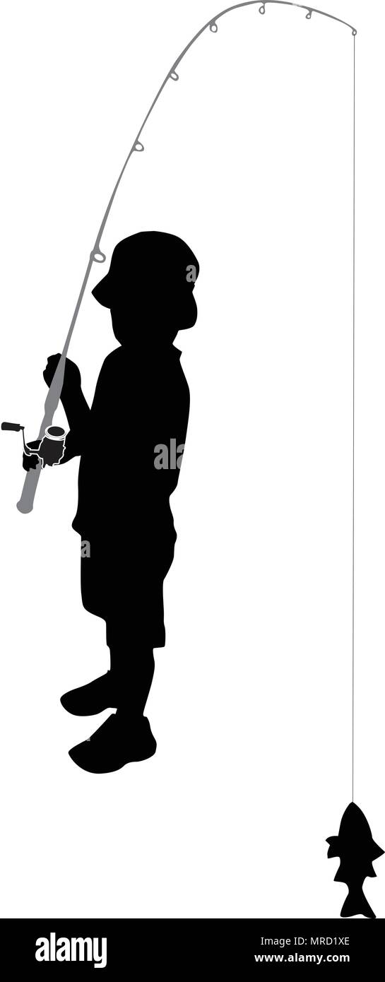 Fisherman Boy Silhouette Vector Illustration Isolated on White