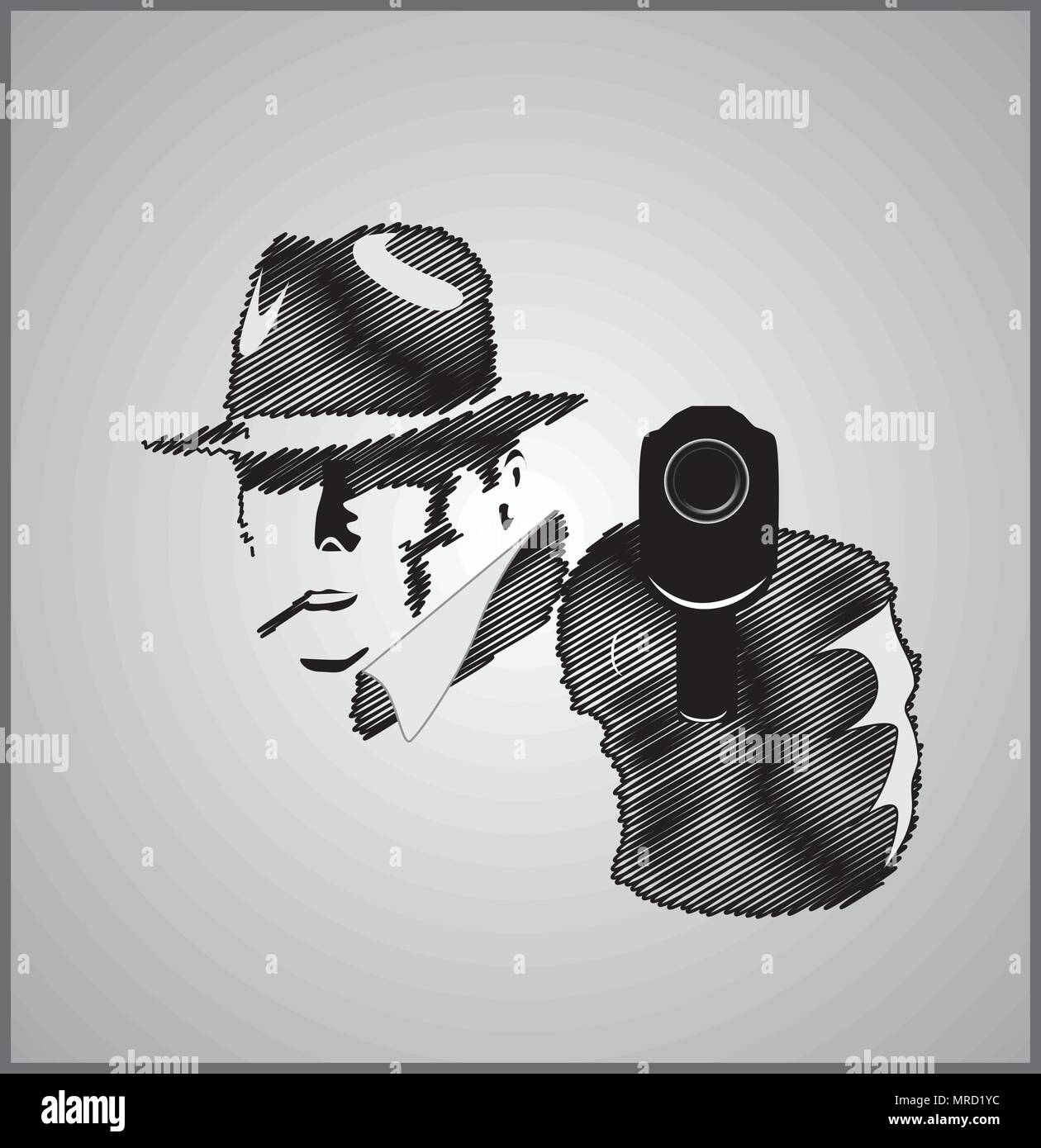 Gangster in shadow with gun vector illustration scribble Stock Vector