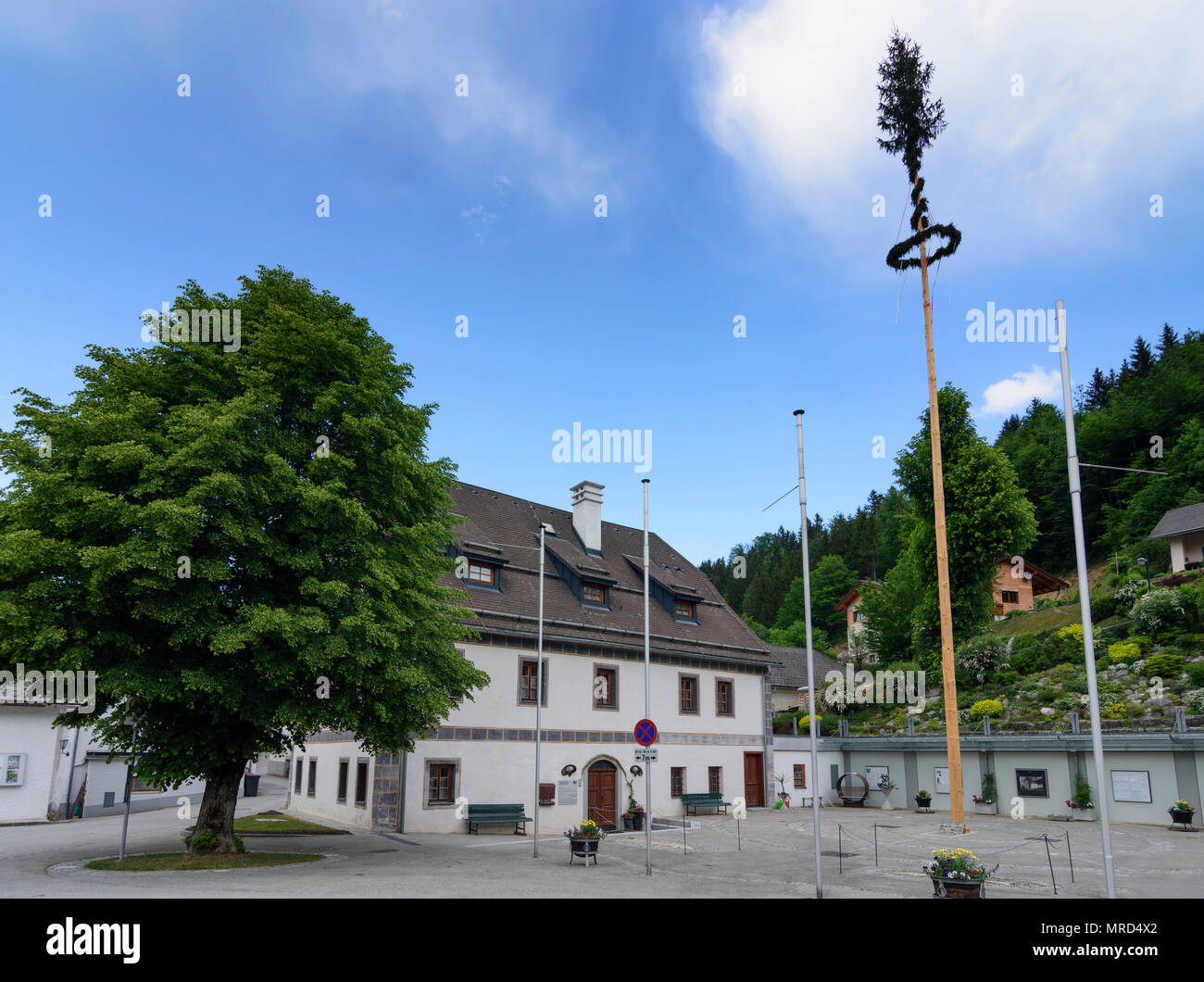 Opponitz: Town Hall, maypole in Austria, Niederösterreich, Lower Austria, Mostviertel Stock Photo