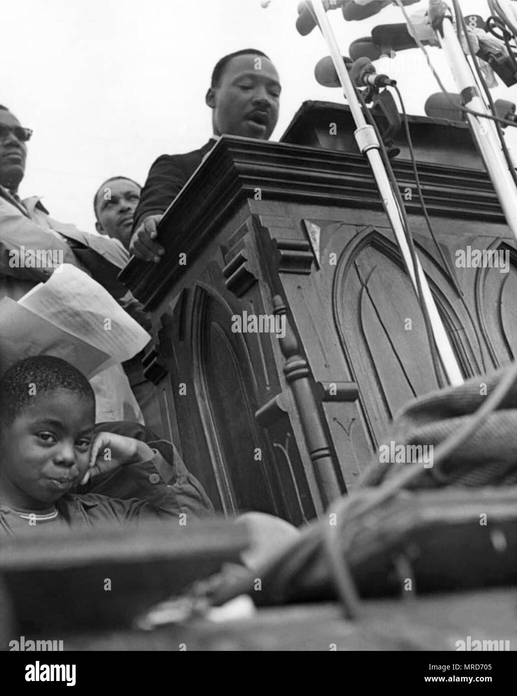 Dr. Martin Luther King, Jr. (1929 - 1968) speaking outside the State Capitol in Montgomery, Alabama on March 25, 1965 at the end of the Selma to Montgomery march. Stock Photo