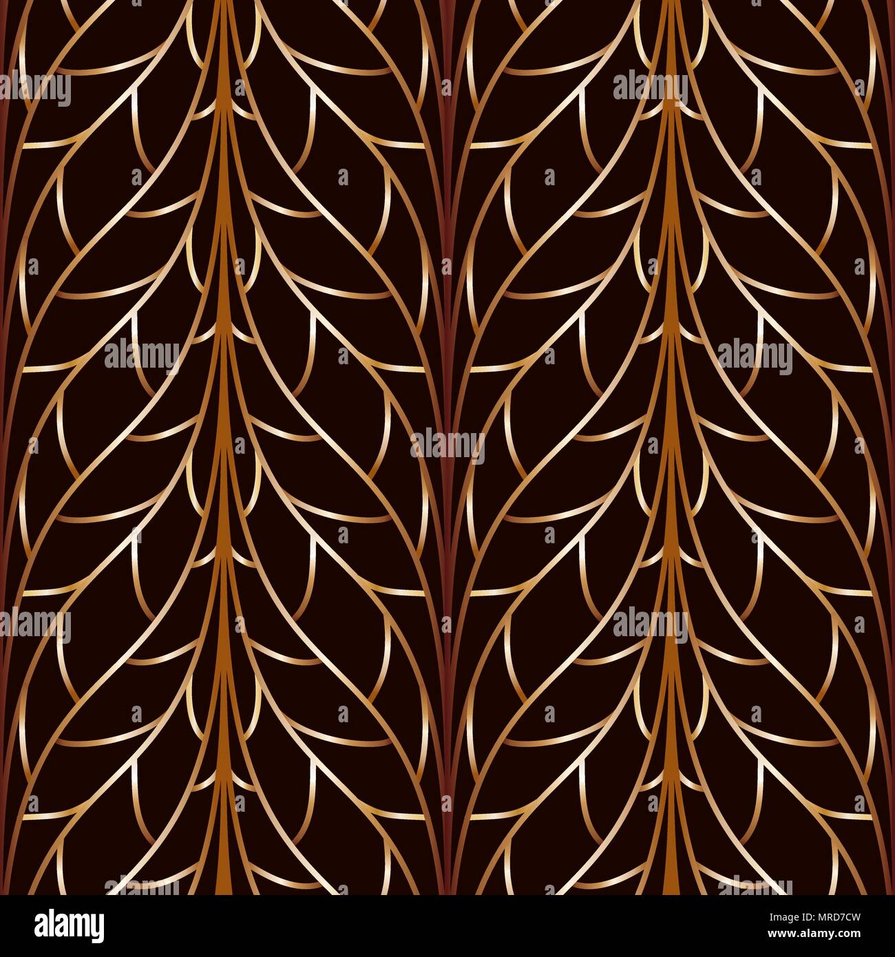 Seamless golden wire abstract floral braid pattern on black background Stock Vector