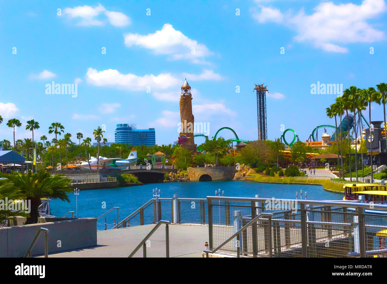 USA, FLORIDA, ORLANDO - MAY 8, 2018: Universal studios city walk. Lighthouse, entrance to Islands of Adventure. Stock Photo