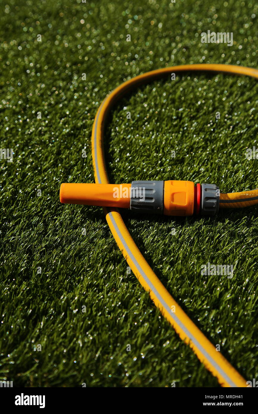 Hose pipe and sprayer attachment lying on grass in sunshine Stock Photo