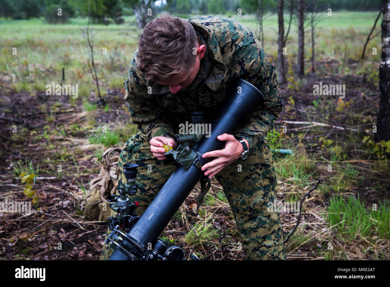 A U.S. Marine with Black Sea Rotational Force 17.1 attached sights to his 81 mm mortar system during Exercise Saber Strike 17 aboard Adazi Military Base, Latvia, June 5, 2017. The exercise is a multinational training evolution designed to increase interoperability between NATO allies and partner nations through combined-arms training. (U.S. Marine Corps photo by Sgt. Patricia A. Morris) Stock Photo