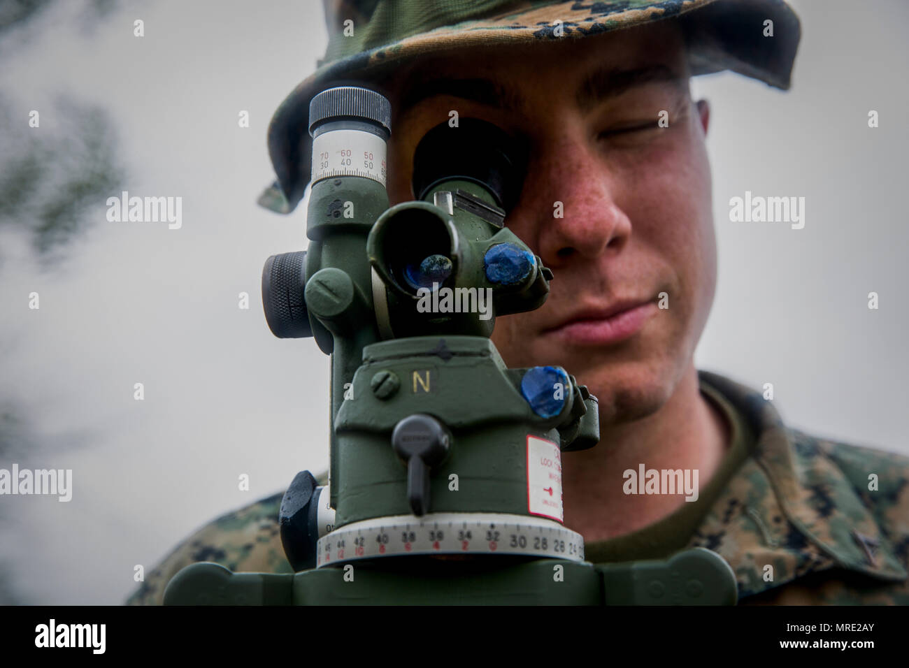 A fire direct controlman with Black Sea Rotational Force 17.1 aligns his sight during Exercise Saber Strike 17 aboard Adazi Military Base, Latvia, June 5, 2017. The exercise is a multinational training evolution designed to increase interoperability between NATO allies and partner nations through combined-arms training. (U.S. Marine Corps photo by Sgt. Patricia A. Morris) Stock Photo