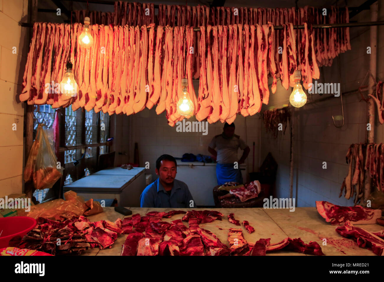 Traditional meat shop in Thimphu, the capital city of Bhutan Stock