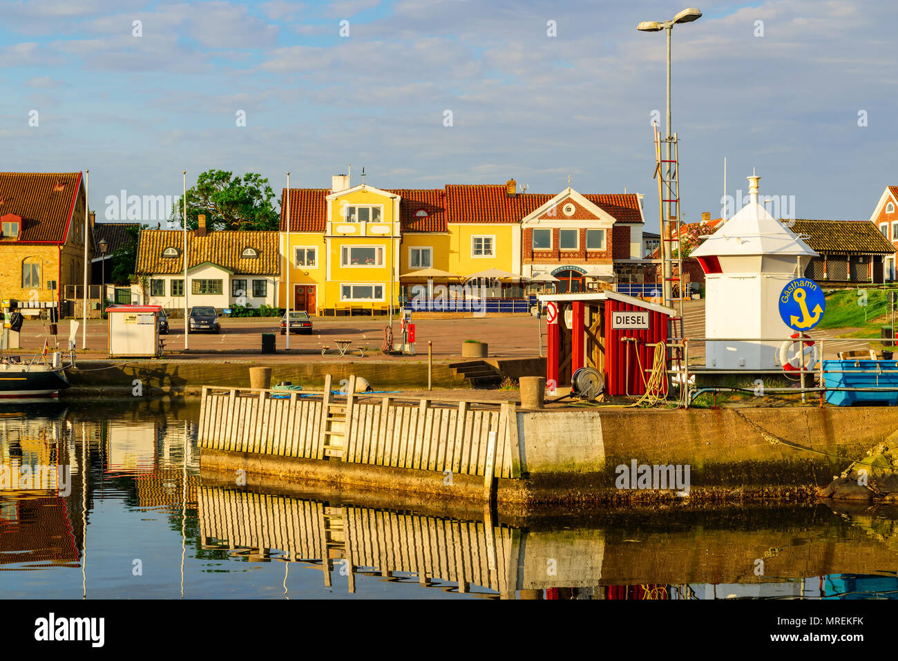 Torekov, Sweden - May 16, 2018: Travel documentary of everyday life and place. Diesel fuel station in the village marina on a sunny and windless morni Stock Photo