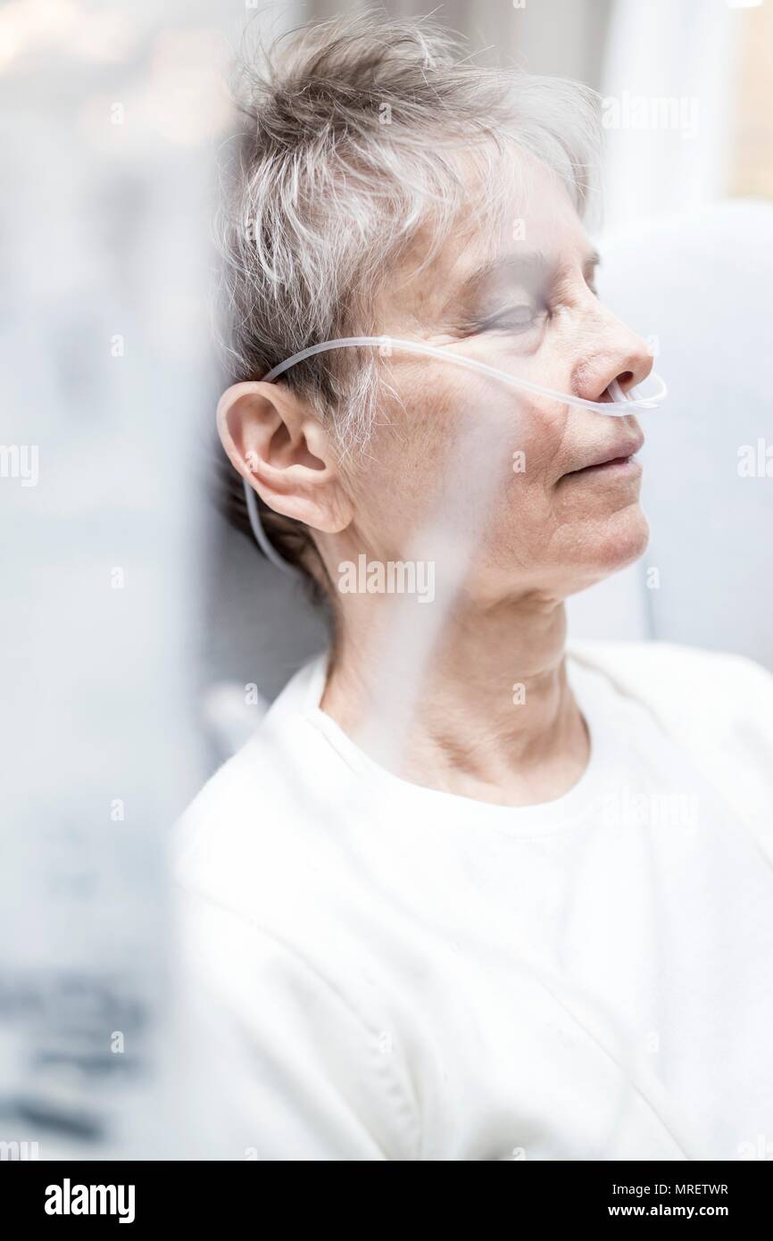Senior woman with nasal cannula. Stock Photo