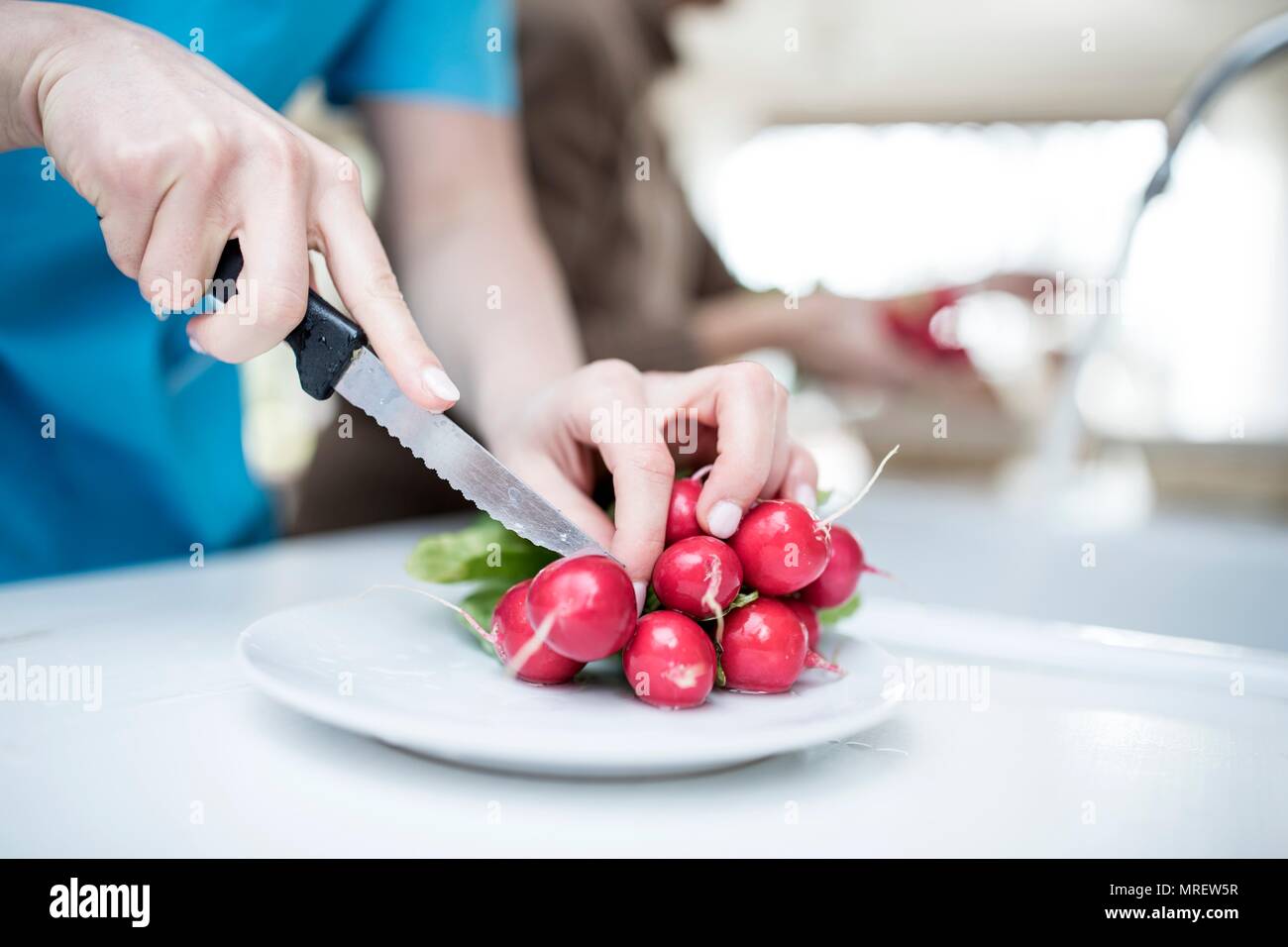 Woman cutting fresh radishes, close up. Stock Photo