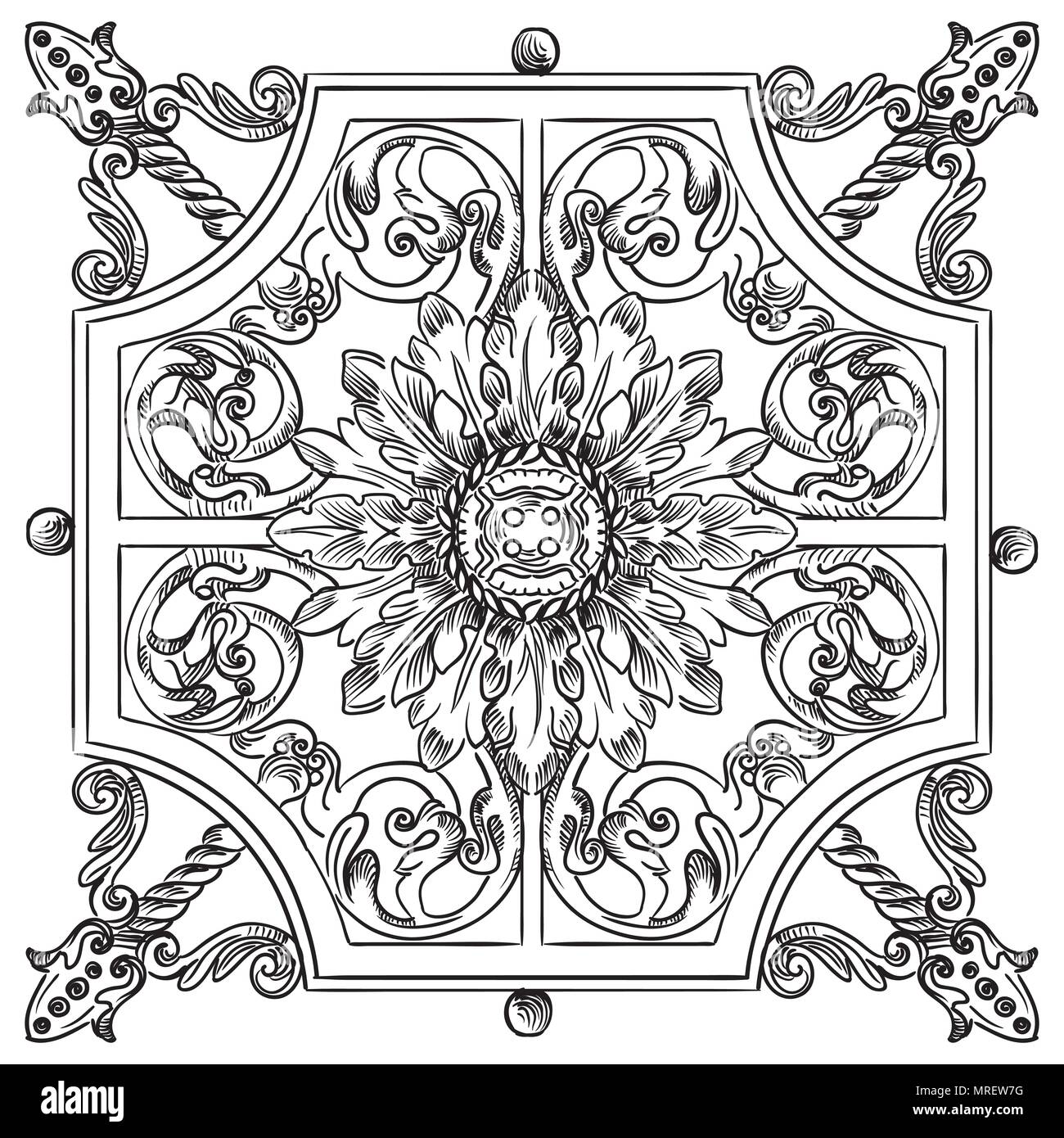 Ancient carving botanical vignette from Moscow metro, vector hand drawing illustration in black color isolated on white background Stock Vector