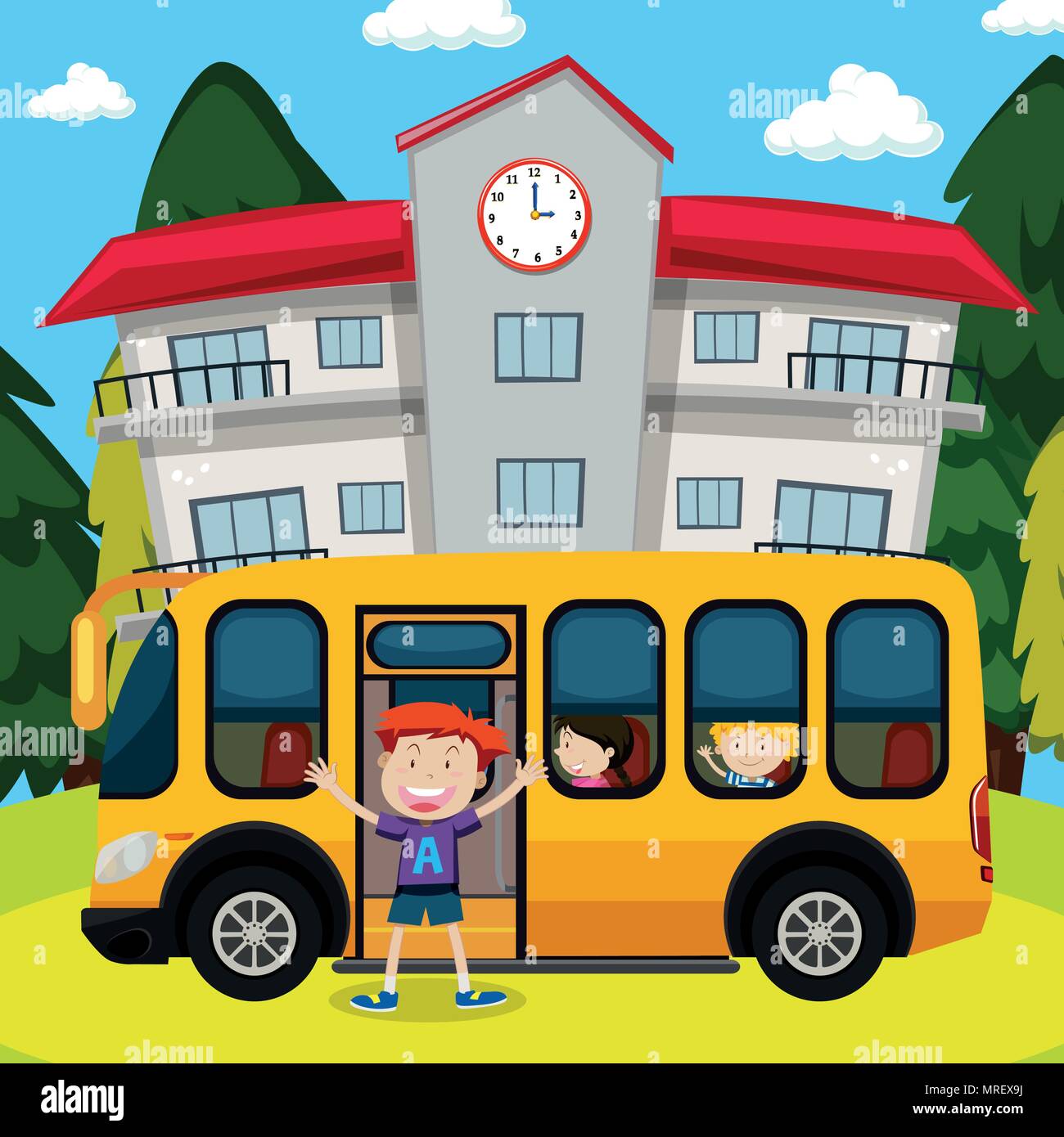 Children and School Bus at School illustration Stock Vector Image & Art ...