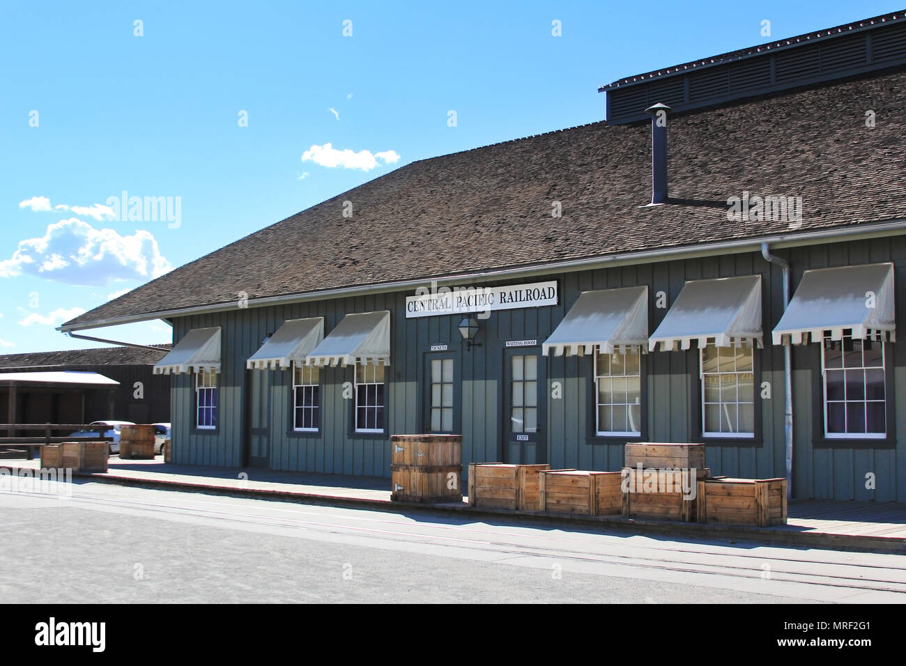 Historic wooden storefronts in old Sacramento's central business district. Stock Photo