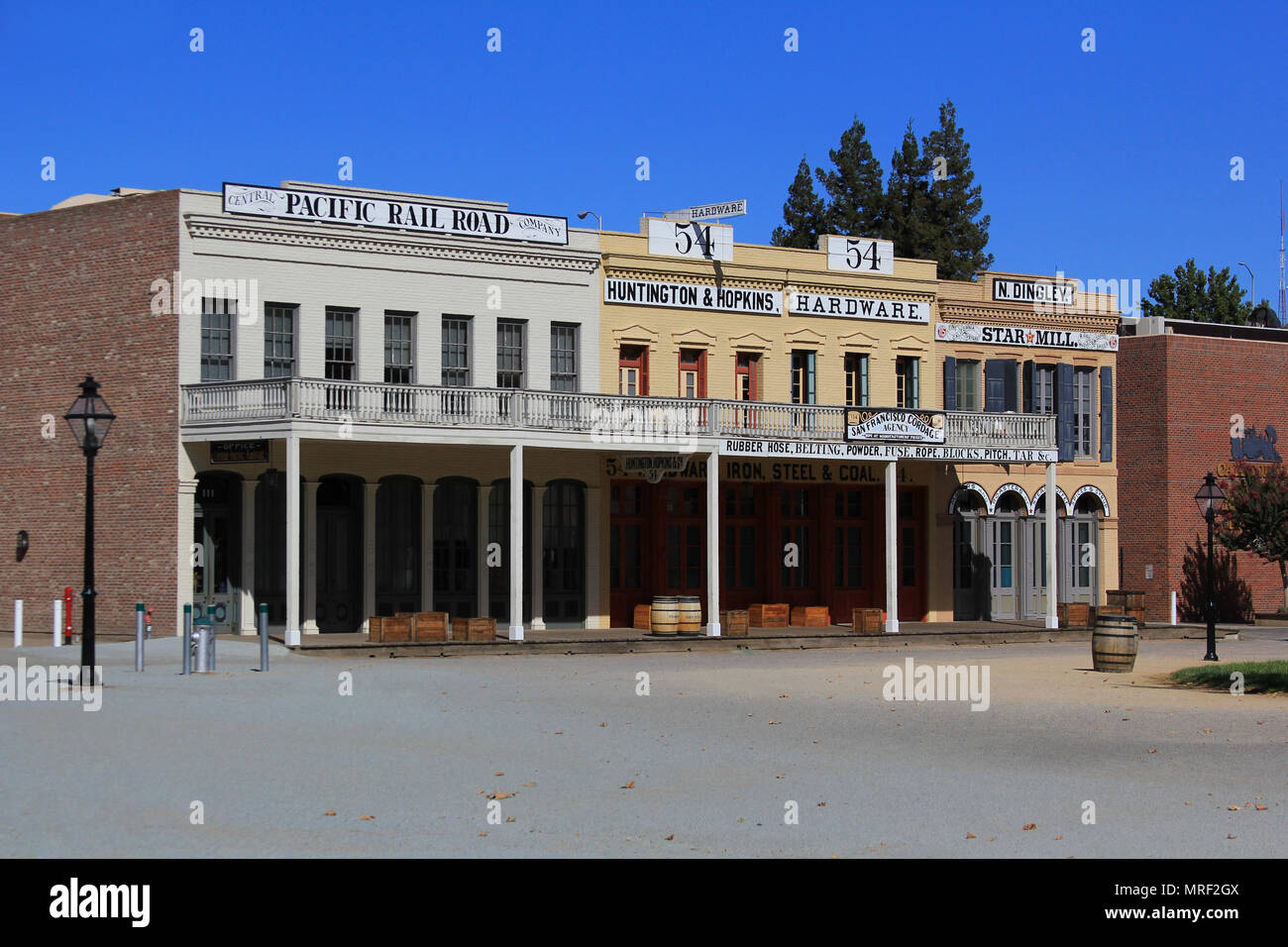 Historic wooden storefronts in old Sacramento's central business district. Stock Photo