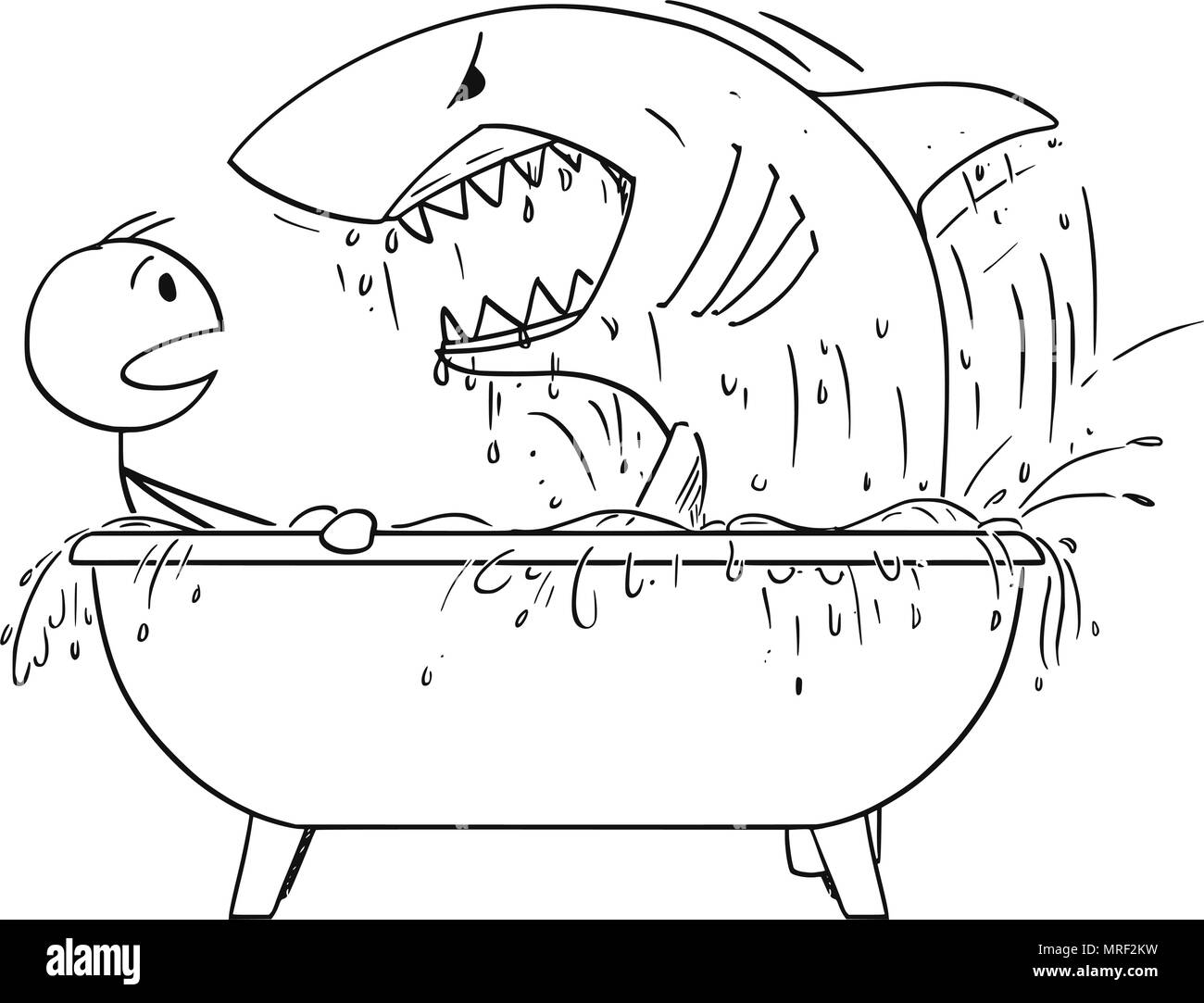 Cartoon of Man Attacked by Shark in His Bathroom Bath Stock Vector