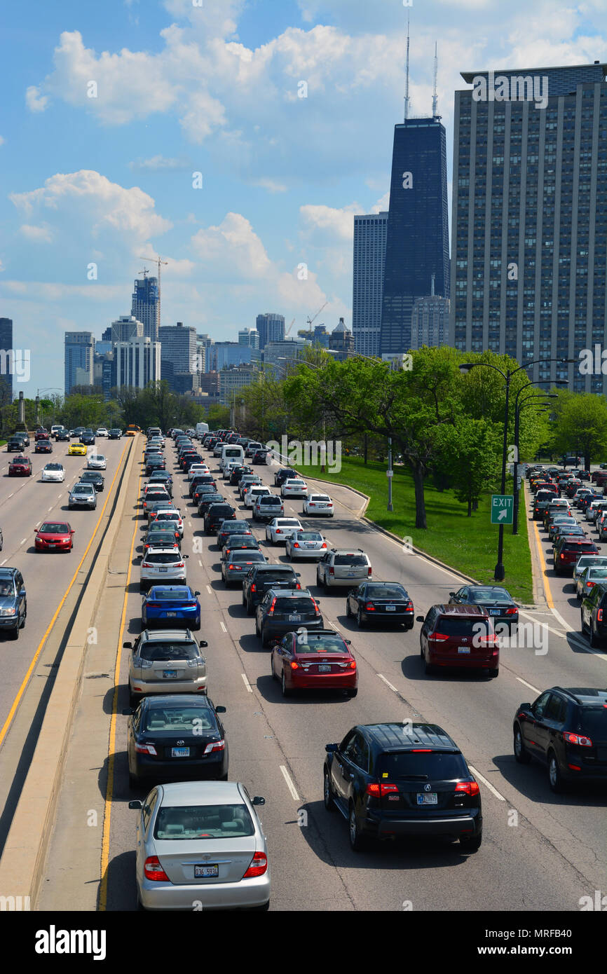 Cars heading into downtown Chicago are stuck in traffic on Lake Shore Drive over the Memorial Day weekend. Stock Photo