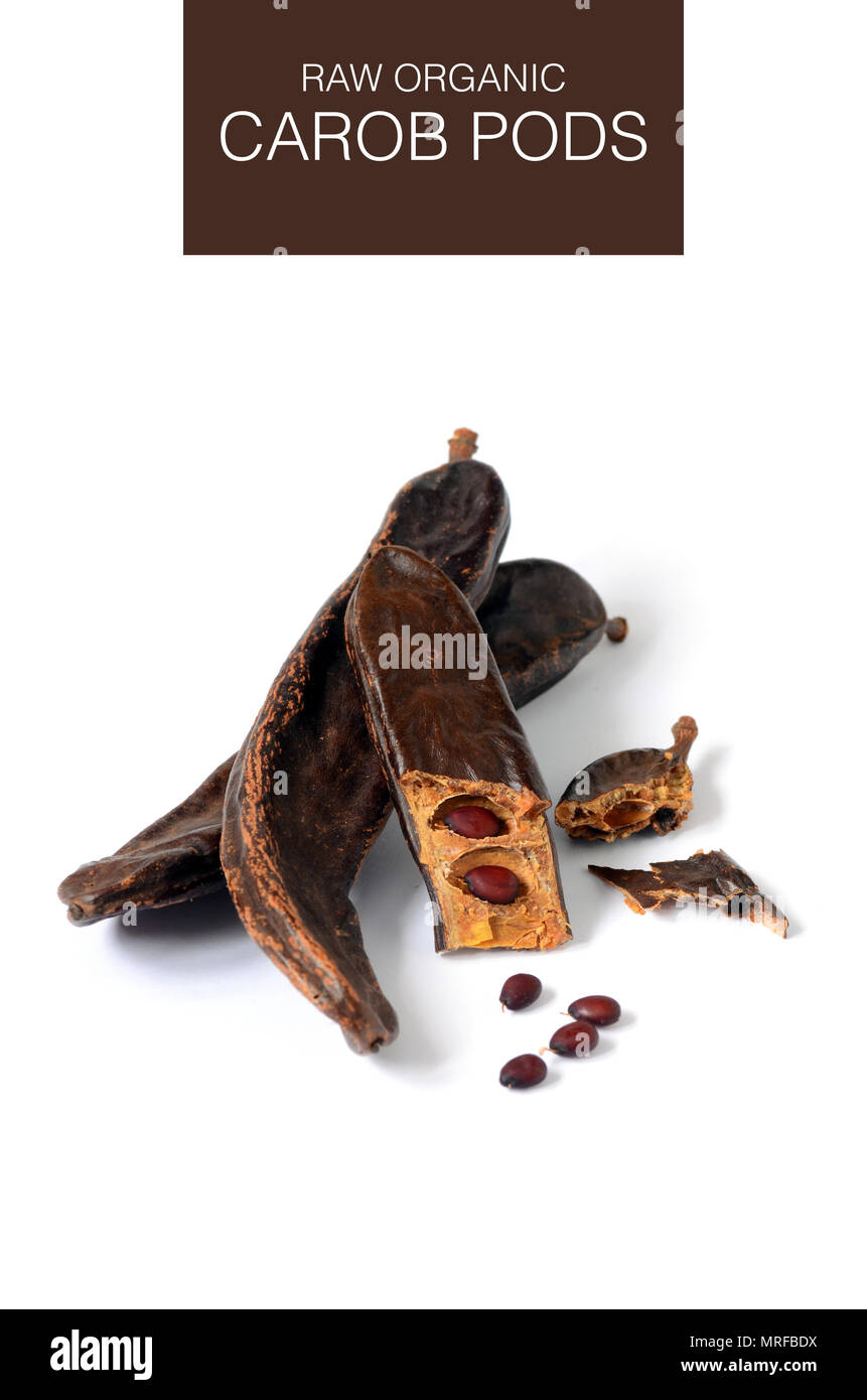 Ripe carob pods, carob powder can be used as a substitute for cocoa Stock Photo