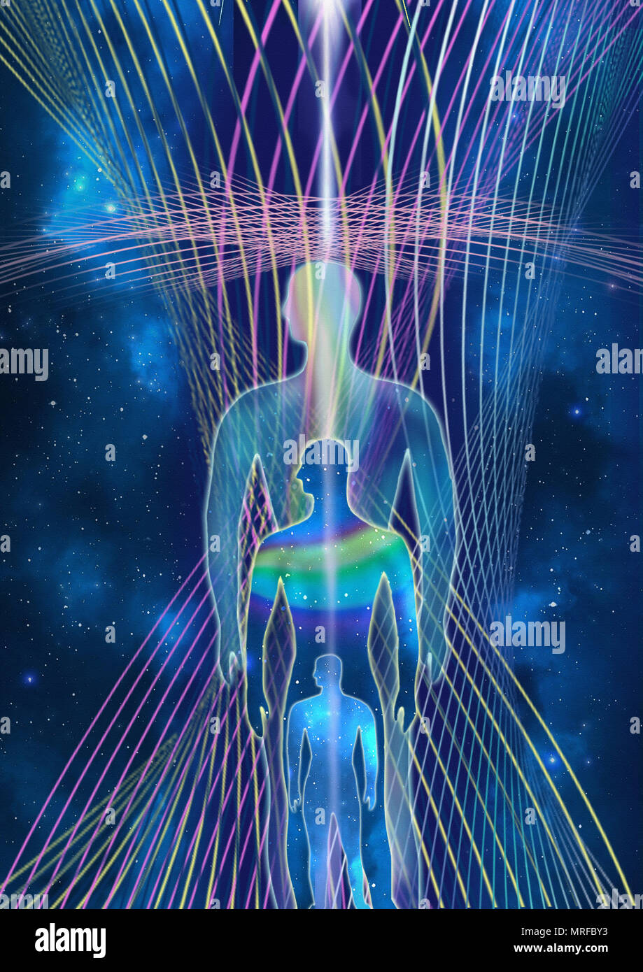Consciousness evolution - abstract illustration. Human with universe on space star and energy fields background. Stock Photo