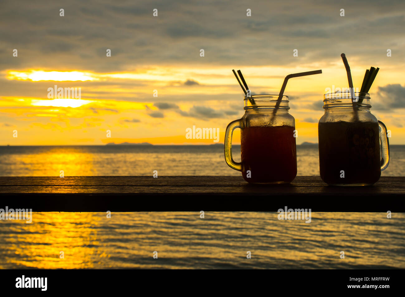 Fresh coctails with a tropical paradise beach with sunset, Koh Samui ...