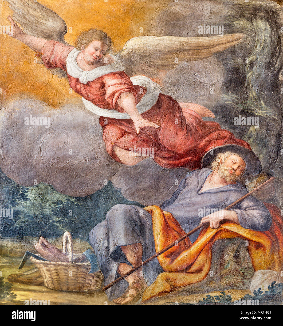PARMA, ITALY - APRIL 16, 2018: The fresco of The Vision of angel to St. Jospeh in church Chiesa di Santa Croce by Giovanni Maria Conti della Camera. Stock Photo