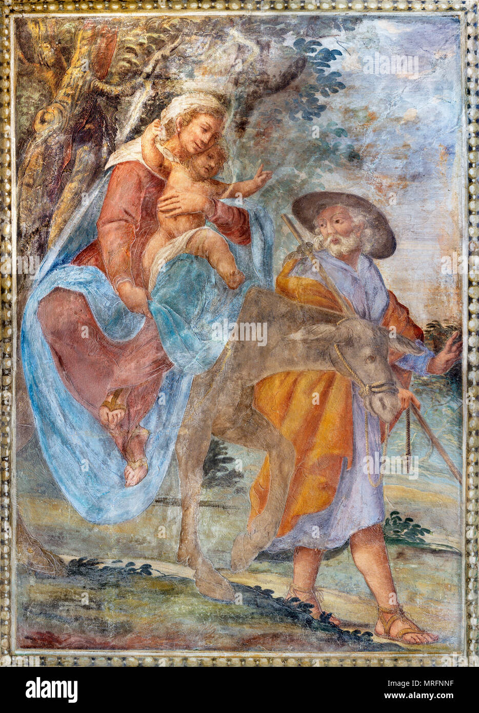 PARMA, ITALY - APRIL 16, 2018: The fresco of The Flight to Egypt in church Chiesa di Santa Croce by Giovanni Maria Conti della Camera (1614 - 1670). Stock Photo