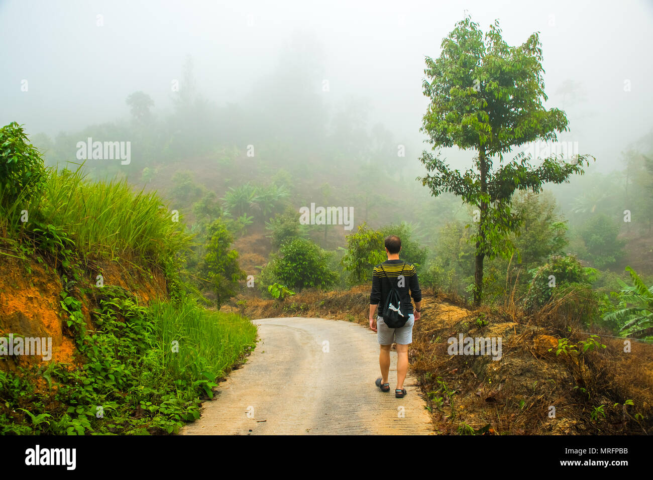 Traveler going in mountains and jungle on the Koh Samui Island, Thailand Stock Photo