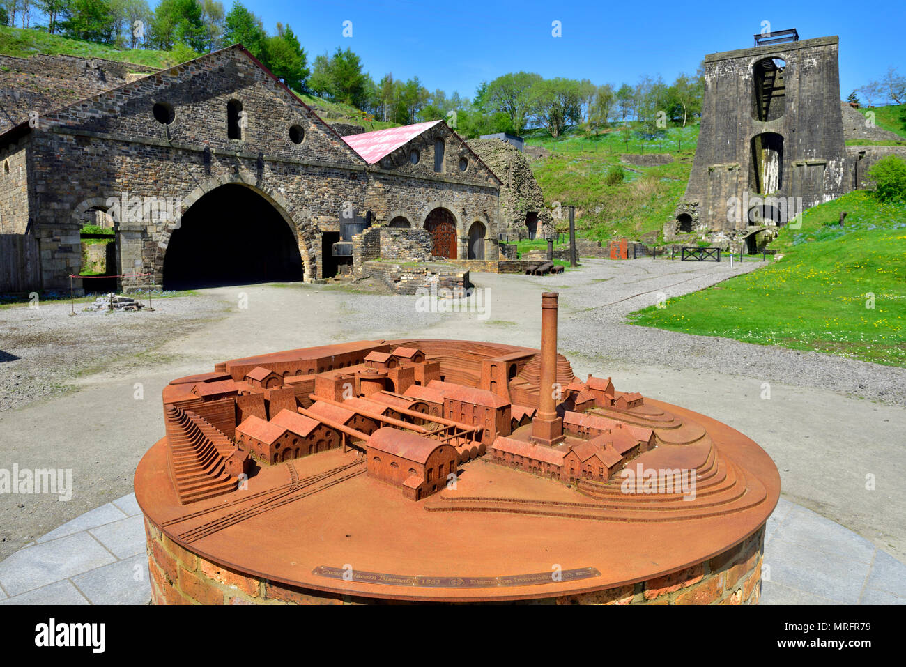 Blaenavon Ironworks blast furnace complex and model of former industrial site now a National museum, South Wales Valleys, UK  The ironworks was of cru Stock Photo