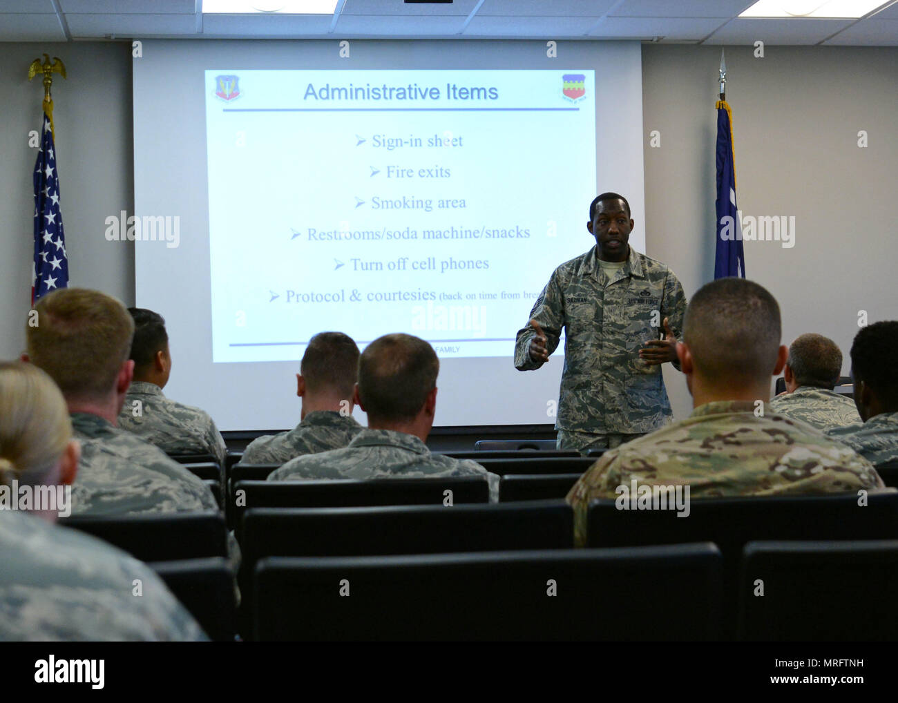U.S. Air Force Master Sgt. Carlos Sullivan, 20th Force Support Squadron  career assistance advisor, speaks with Company Grade Officer Mentorship  Panel attendees at Shaw Air Force Base, S.C., April 28, 2017. Sullivan