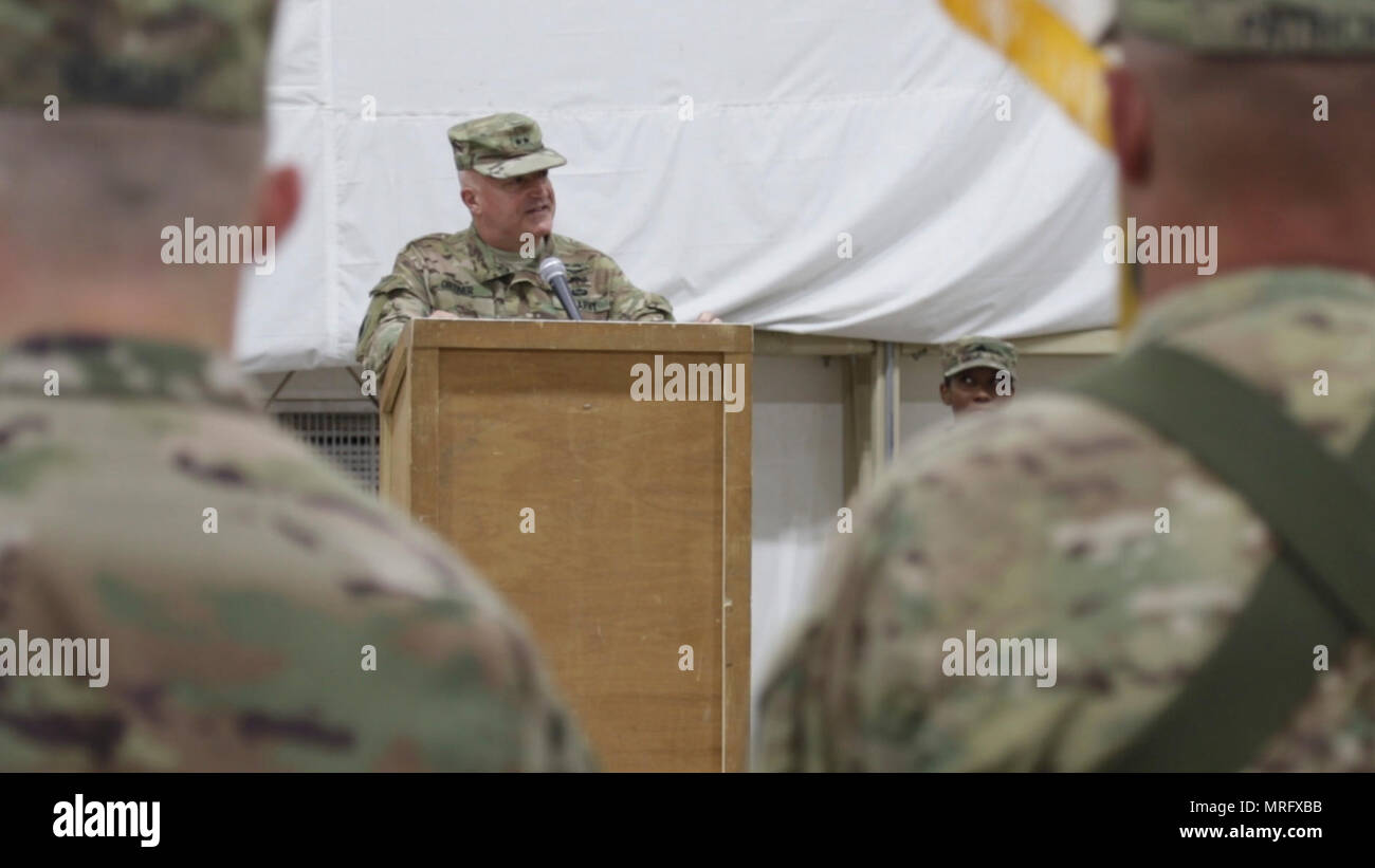 Maj. Gen. Blake C. Ortner, commander of the 29th Infantry out of Fort Belvoir, Va., gives a speech during the transfer of authority between the outgoing 176th Engineer Brigade, and the incoming 420th Engineer Brigade, Camp Buehring, Kuwait, April 14, 2017. ( Stock Photo