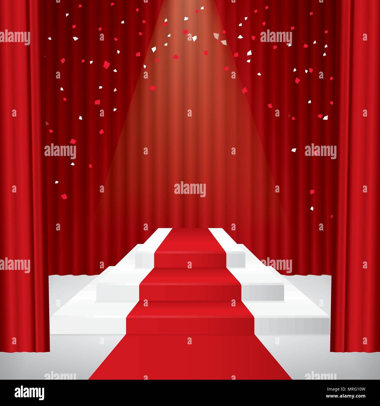 Illuminated stage podium with confetti, red curtain and red carpet ...