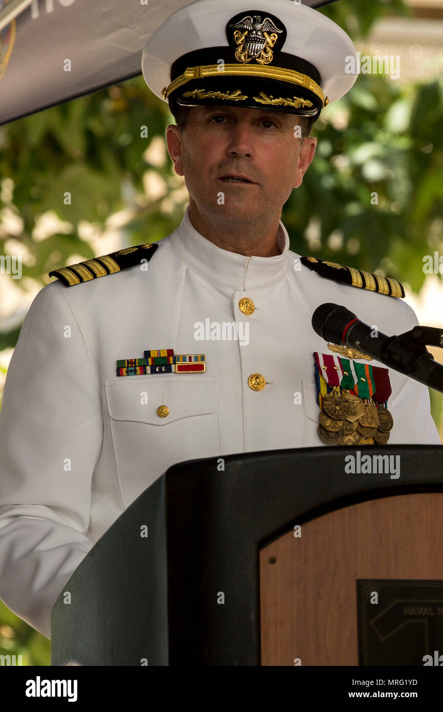 U.S. Navy Capt. Frank Pearson, commanding officer, Naval Hospital Camp Pendleton, addresses the audience during a Change of Command Ceremony for Naval Hospital Camp Pendleton on Camp Pendleton, Calif., June 14, 2017. Capt. Frank Pearson relieved Capt. Lisa Mulligan as commanding officer during the ceremony. (U.S. Marine Corps photo by Cpl. Brandon Martinez) Stock Photo