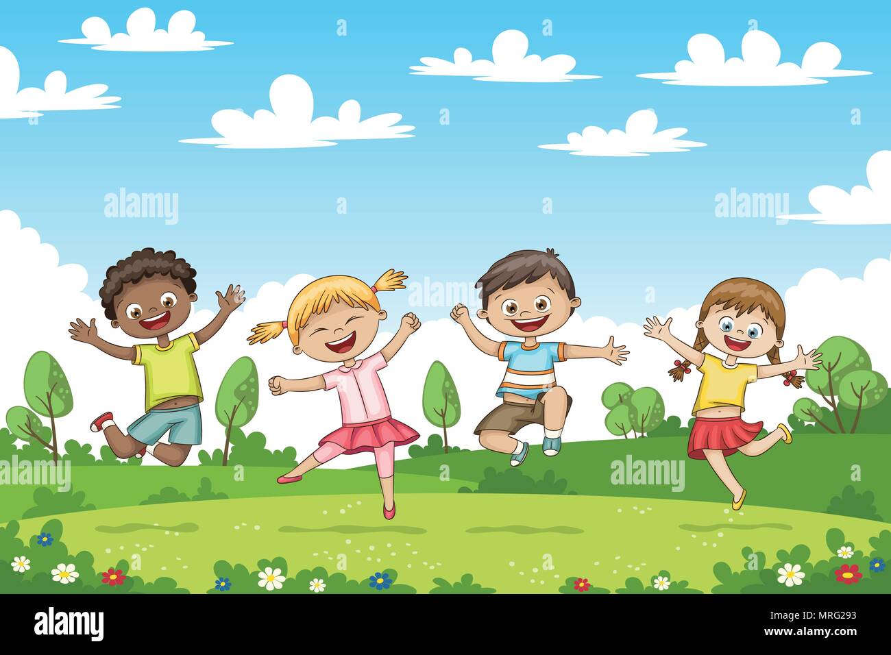 Happy jumping children. Funny cartoon character.  Stock Vector