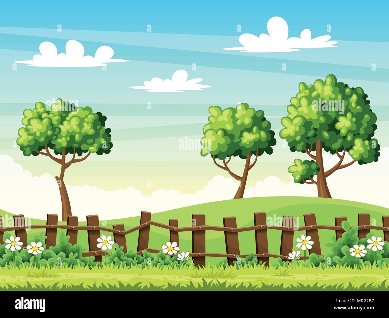 Spring landscape with fence and flowers Stock Vector