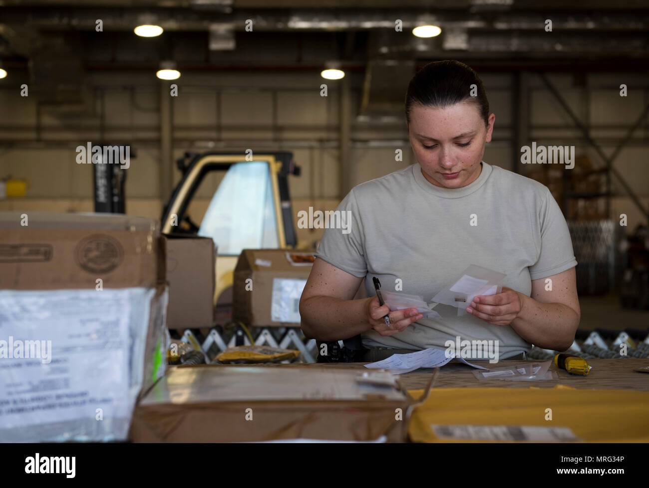 Senior Airman Cynthia Henke, 455th Expeditionary Logistics Readiness Squadron traffic management office, verifies the quantity of a product at Bagram Airfield, Afghanistan, June 13, 2017. When receiving an order, 455th ELRS TMO Airmen must verify the product, quantity, quality and recipient. (U.S. Air Force photo by Staff Sgt. Benjamin Gonsier) Stock Photo