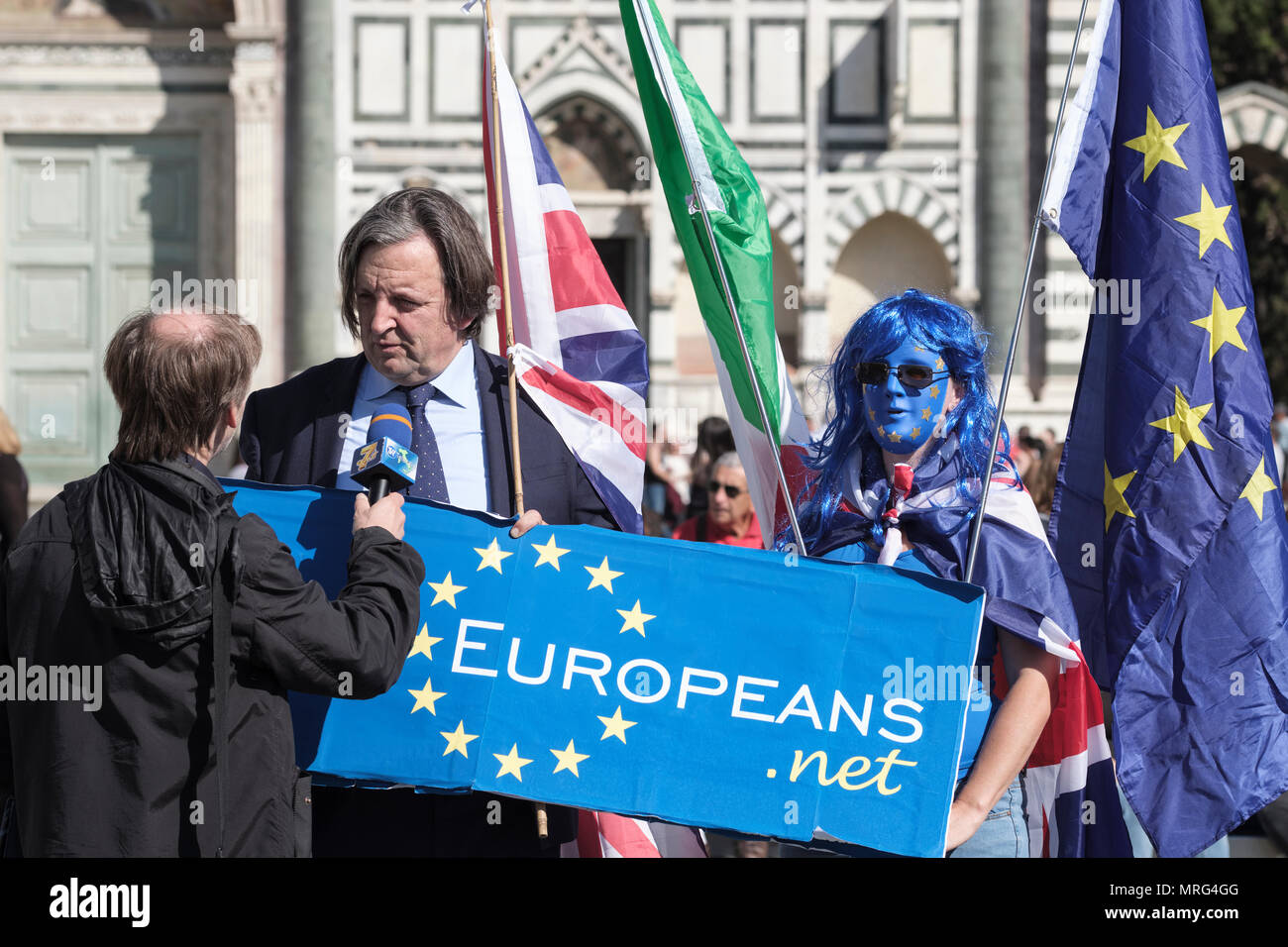 Protestors waiting for a speech from Theresa Mary May, UK Prime Minister, outside the Basilica de Santa Maria Novella, Florence, Tuscany, Italy, Europ Stock Photo