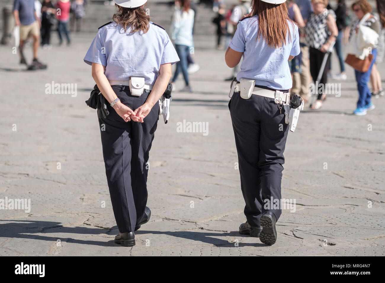 Policewomen outside Basilica di Santa Croce; Basilica of the Holy Cross;  Florence, Tuscany, Italy, Europe, Stock Photo